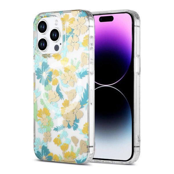 iPhone 15 Pro Deksel Blomstermønster MagSafe Turkis
