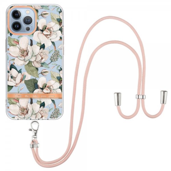 iPhone 15 Pro Deksel Blomstermønster Stropp Grønn Gardenia