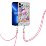 iPhone 15 Pro Deksel Blomstermønster Stropp Lilla Pion