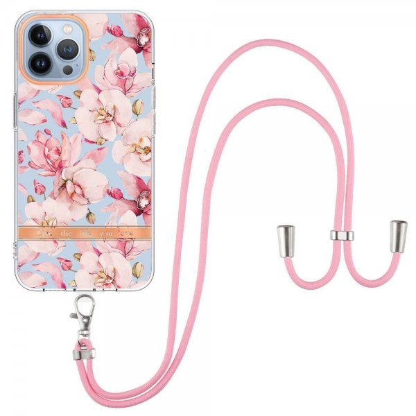 iPhone 15 Pro Deksel Blomstermønster Stropp Rosa Gardenia