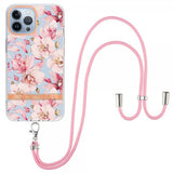iPhone 15 Pro Deksel Blomstermønster Stropp Rosa Gardenia