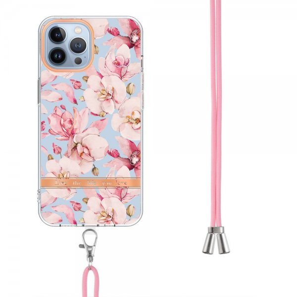 iPhone 15 Pro Deksel Blomstermønster Stropp Rosa Gardenia