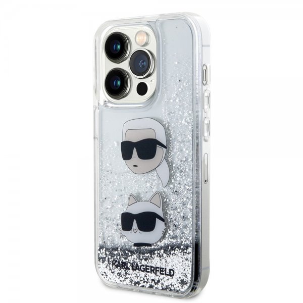 Karl Lagerfeld iPhone 15 Pro Deksel Liquid Glitter Karl & Choupette Sølv