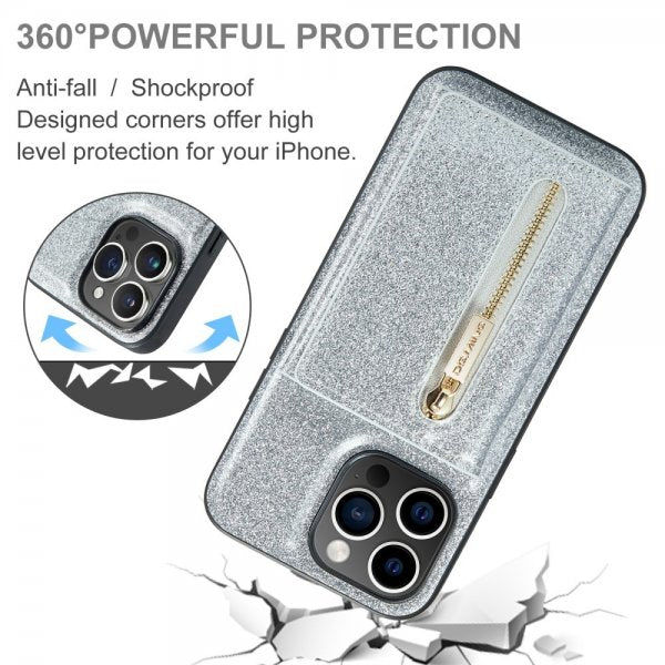 Dg.Ming iPhone 15 Pro Deksel M3 Series Avtakbart Kortholder Glitter Sølv
