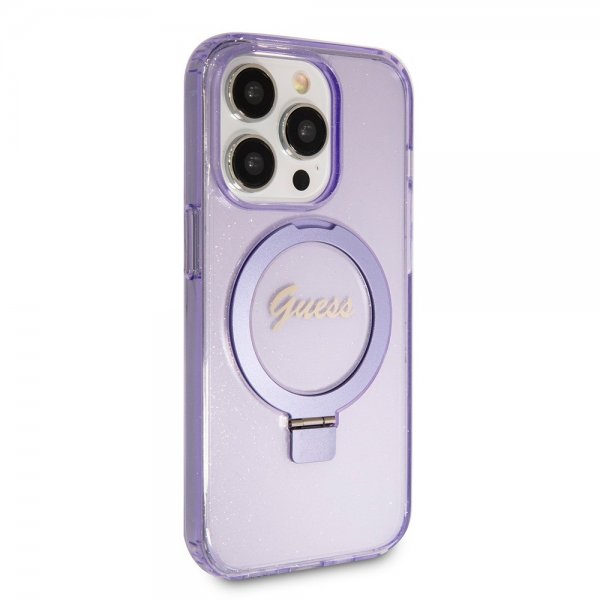 Guess iPhone 15 Pro Deksel Ring Stand Glitter MagSafe Lilla