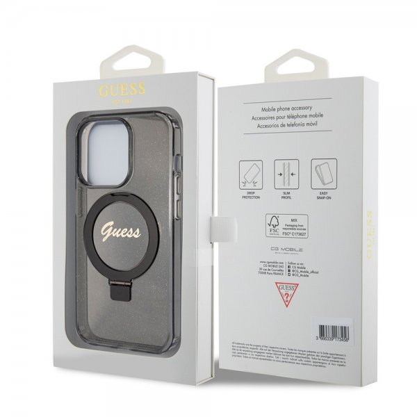 Guess iPhone 15 Pro Deksel Ring Stand Glitter MagSafe Svart