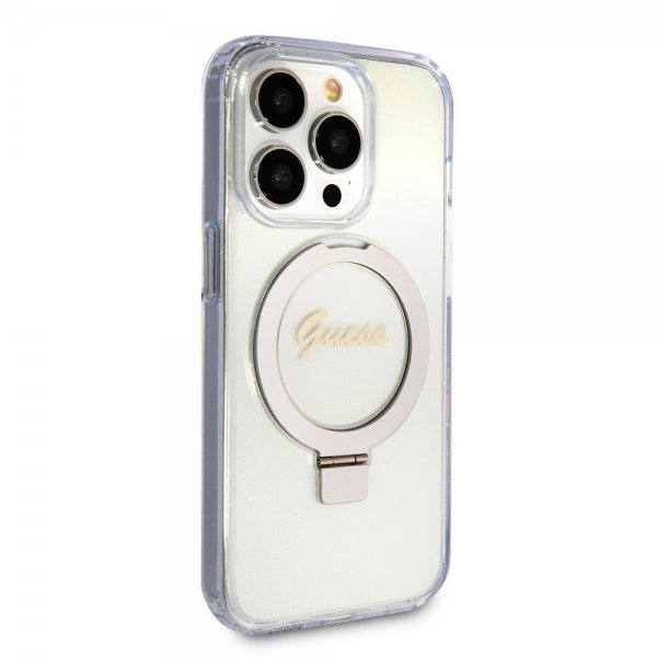 Guess iPhone 15 Pro Deksel Ring Stand Glitter MagSafe Transparent