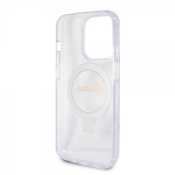 Guess iPhone 15 Pro Deksel Ring Stand Glitter MagSafe Transparent