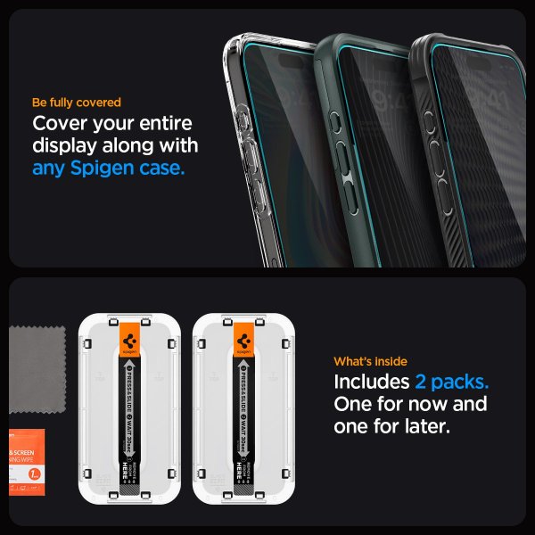 Spigen iPhone 15 Pro Skjermbeskytter GLAS.tR EZ Fit Privacy 2-pakning
