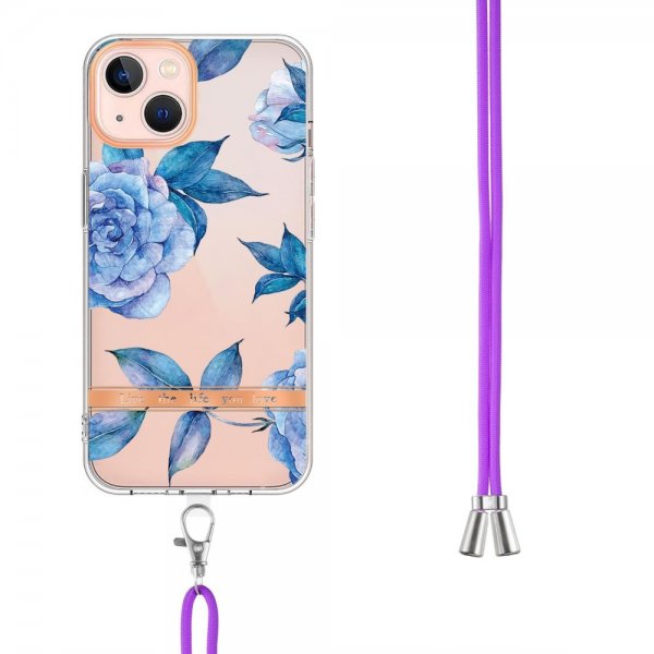 iPhone 15 Deksel Blomstermønster Stropp Blå Pion