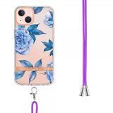 iPhone 15 Deksel Blomstermønster Stropp Blå Pion