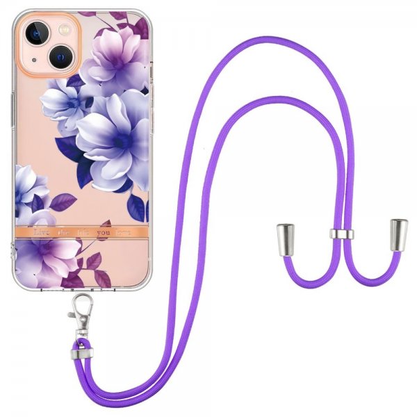 iPhone 15 Deksel Blomstermønster Stropp Lilla Begonia