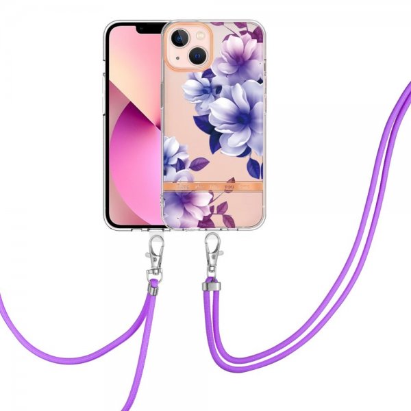 iPhone 15 Deksel Blomstermønster Stropp Lilla Begonia