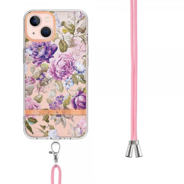 iPhone 15 Deksel Blomstermønster Stropp Lilla Pion