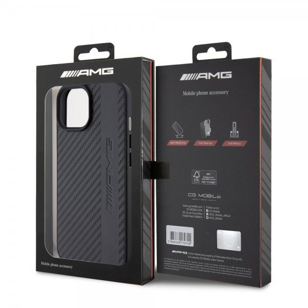 Mercedes Benz iPhone 15 Deksel Carbon Effect Leather Stripe AMG Svart