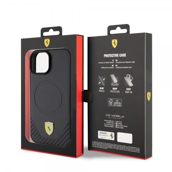 Ferrari iPhone 15 Deksel Carbon PU Leather MagSafe Svart