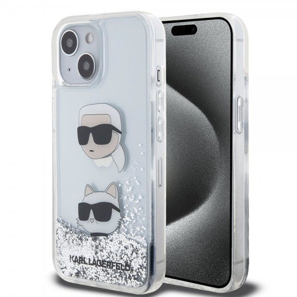 Karl Lagerfeld iPhone 15 Deksel Liquid Glitter Karl & Choupette Sølv