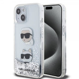 Karl Lagerfeld iPhone 15 Deksel Liquid Glitter Karl & Choupette Sølv