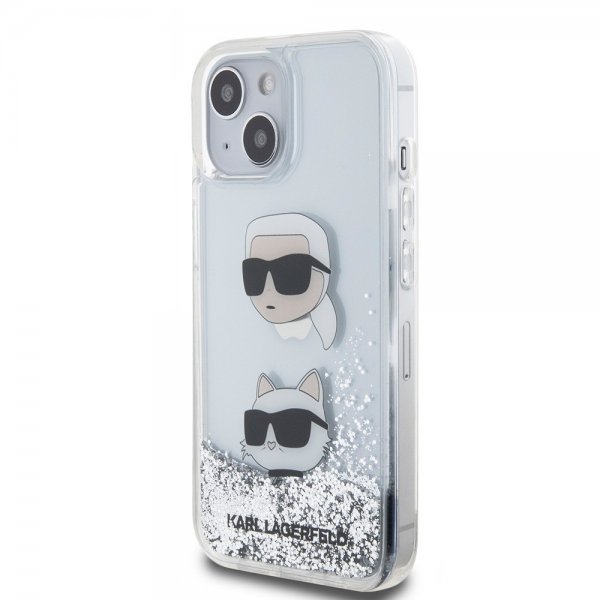 Karl Lagerfeld iPhone 15 Deksel Liquid Glitter Karl & Choupette Sølv