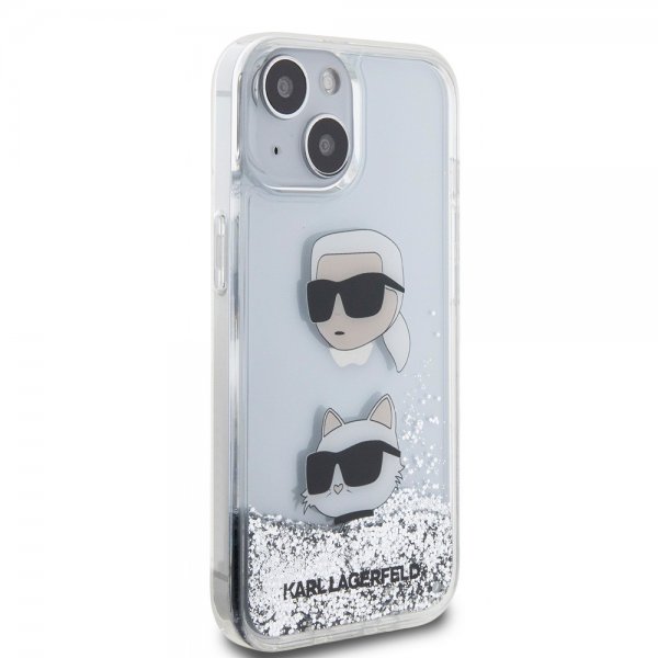 Karl Lagerfeld iPhone 15 Deksel Liquid Glitter Karl & Choupette Sølv