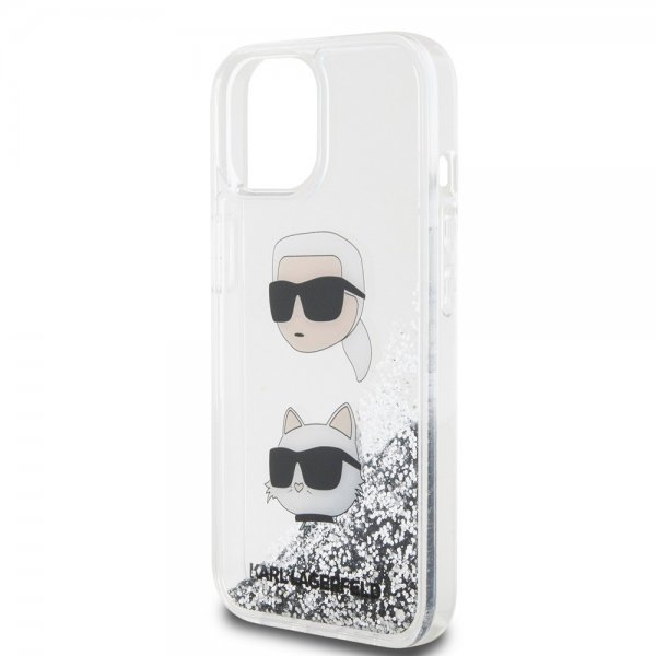 Karl Lagerfeld iPhone 15 Deksel Liquid Glitter Karl & Choupette Sølv