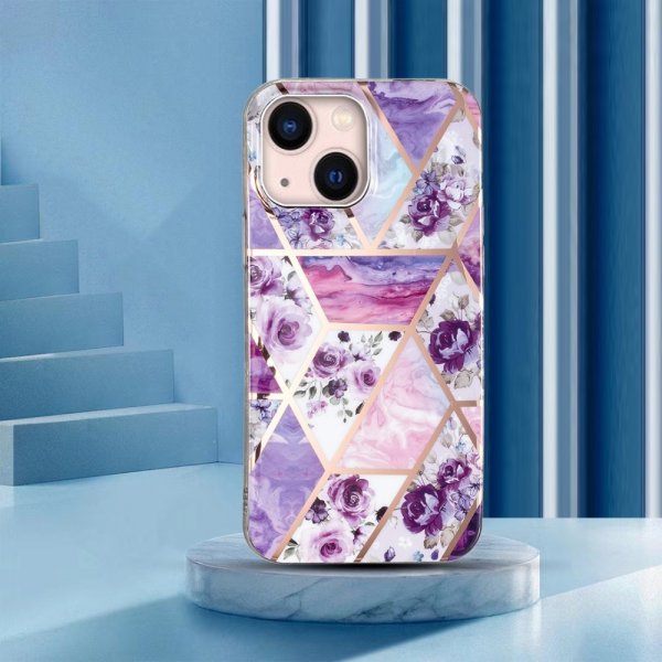 iPhone 15 Deksel Marmormønster Blomster Lilla