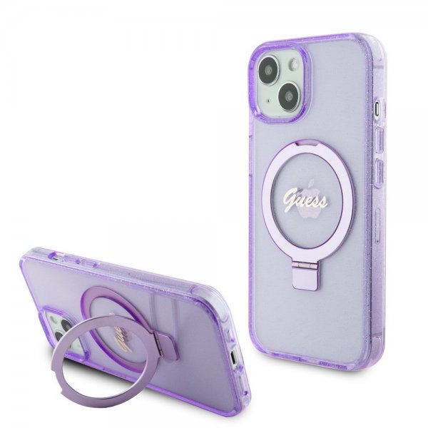 Guess iPhone 15 Deksel Ring Stand Glitter MagSafe Lilla