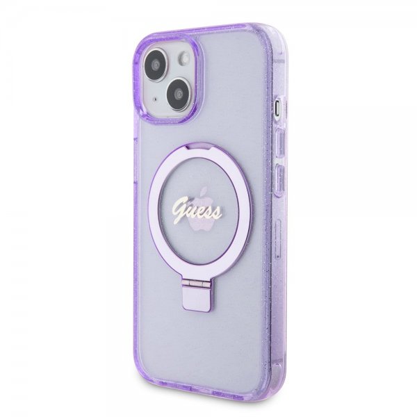 Guess iPhone 15 Deksel Ring Stand Glitter MagSafe Lilla