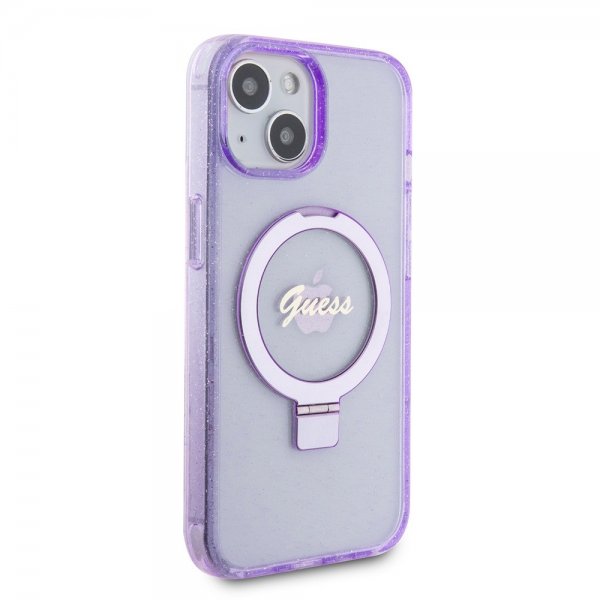 Guess iPhone 15 Deksel Ring Stand Glitter MagSafe Lilla