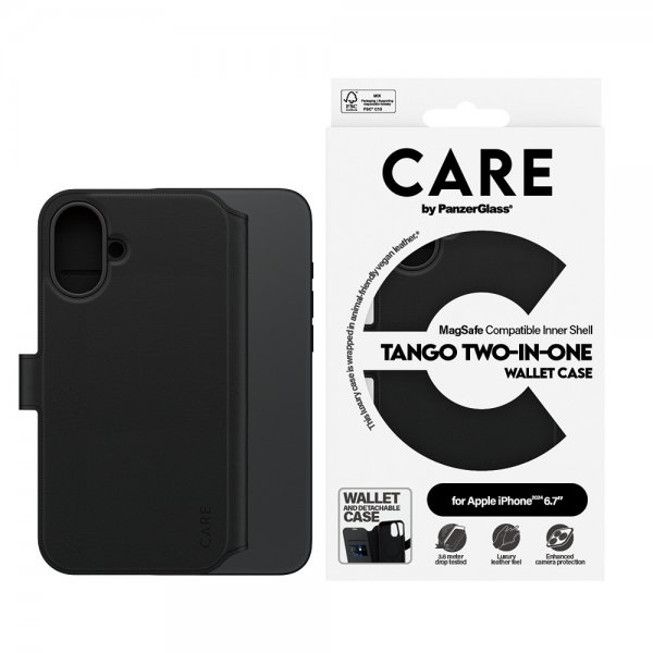 CARE by PanzerGlass iPhone 16 Plus Etui Tango Two-in-One Wallet MagSafe Svart