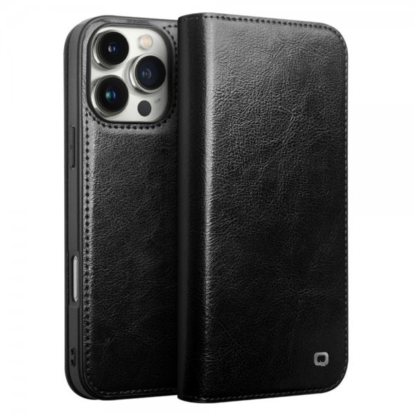 Qialino iPhone 16 Pro Etui Ekte Skinn Svart