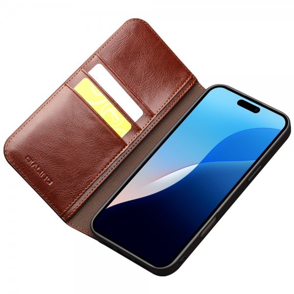 Qialino iPhone 16 Pro Max Etui Ekte Skinn Brun