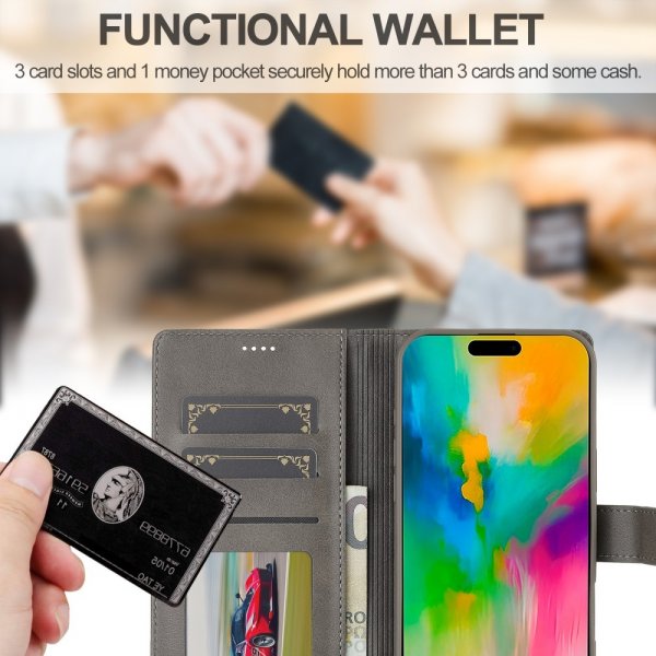 Lc.Imeeke iPhone 16 Pro Max Etui med Kortlomme stativfunksjon Grå