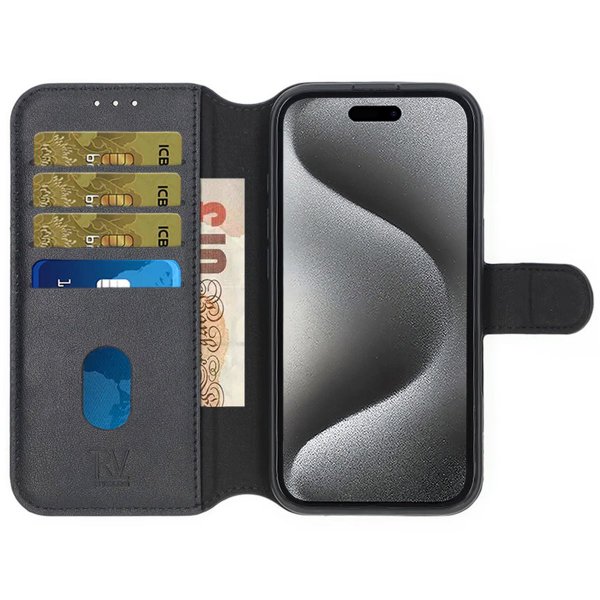 Rvelon iPhone 16 Pro Etui Ekte skinn Kortlommer Svart