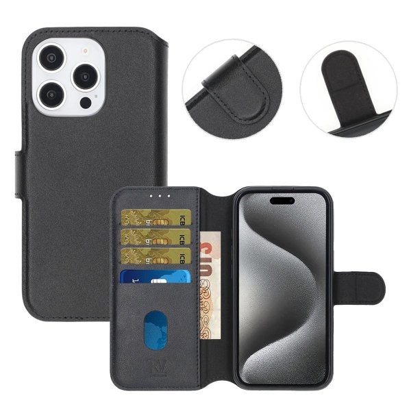 Rvelon iPhone 16 Pro Etui Ekte skinn Kortlommer Svart