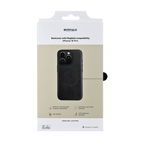 Buffalo iPhone 16 Pro Deksel Ekte skinn MagSeries Svart
