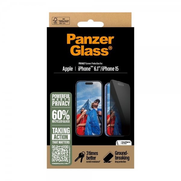 PanzerGlass iPhone 15/iPhone 16 Skjermbeskytter Ultra-Wide Fit Privacy EasyAligner