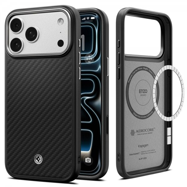 Spigen iPhone 17 Pro Deksel Enzo Aramid T MagFit Svart Sølv