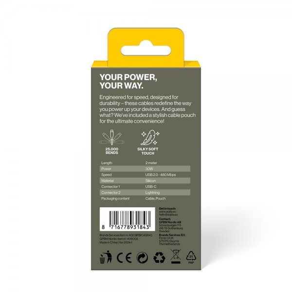 Aqiila Kabel Cablebird CS22 USB-C/Lightning 60W 2m Hvit