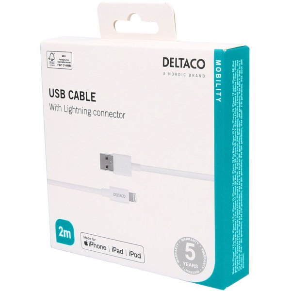 Deltaco Kabel USB-A Cable with Lightning Connector 2m Hvit