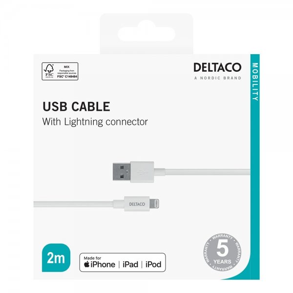 Deltaco Kabel USB-A Cable with Lightning Connector 2m Hvit