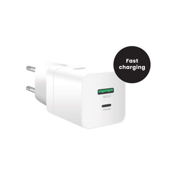 MobileFriend Lader 2 port USB-A & USB-C 30W Hvit