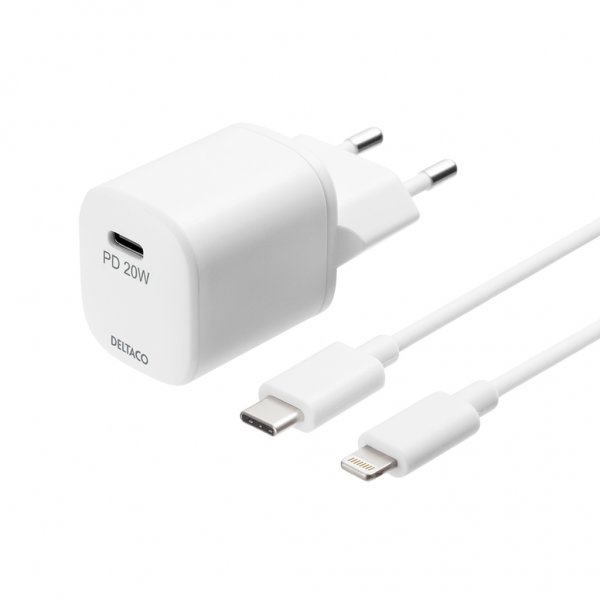Deltaco Lader 20W USB-C PD USB-C-Lightningkabel 1m Hvit