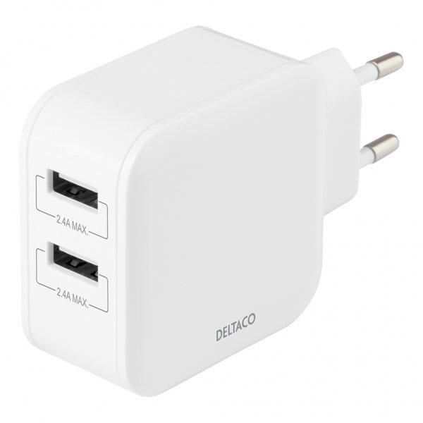 Deltaco Lader 24W 2xUSB-A Hvit