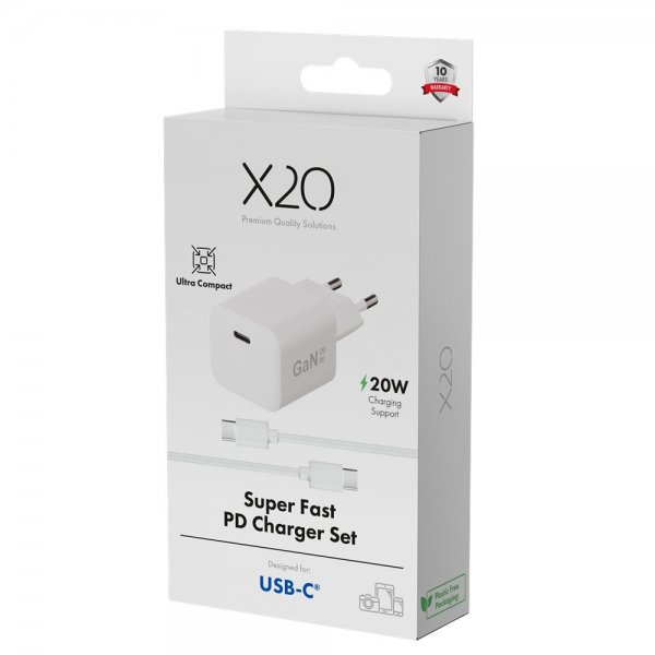 X2O Lader med Kabel 1.2m 20W USB-C GaN Hvit