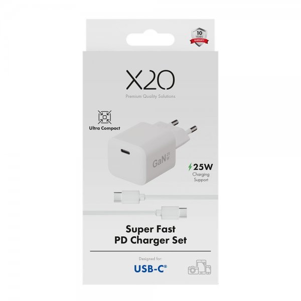 X2O Lader med Kabel 1.2m 25W USB-C GaN Hvit