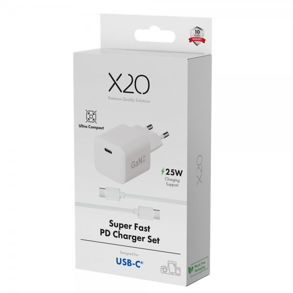 X2O Lader med Kabel 1.2m 25W USB-C GaN Hvit