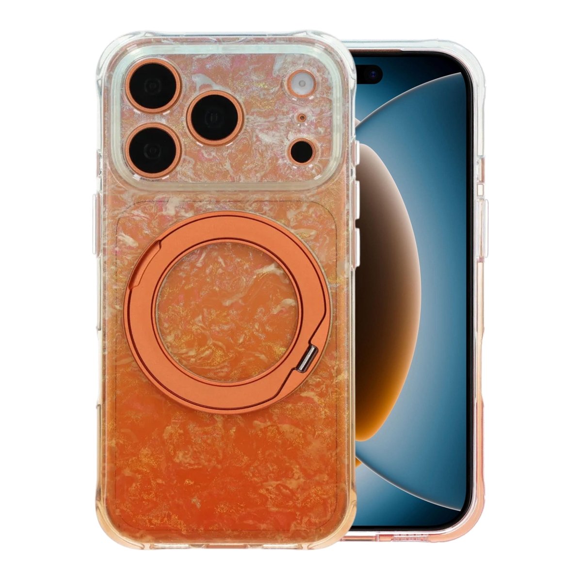 iPhone 17 Pro Max/iPhone 18 Pro Max Deksel Marmormønster MagSafe-stativ Oransje