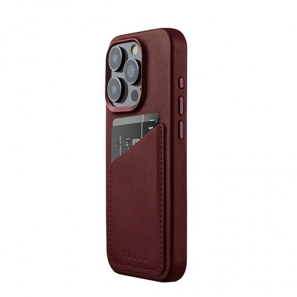 Mujjo iPhone 15 Pro Deksel Full Leather Wallet Case MagSafe Burgundy