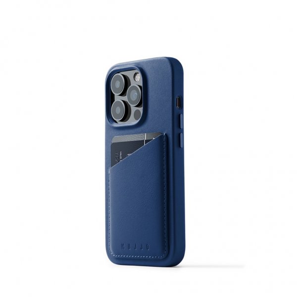 Mujjo iPhone 14 Pro Deksel Full Leather Wallet Case Monaco Blue